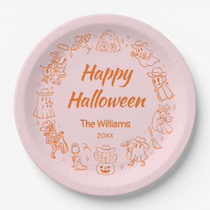 Pink Orange Quirky Hand Drawn Happy Halloween Paper Plates