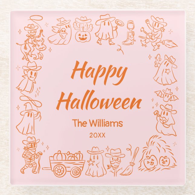Pink Orange Quirky Hand Drawn Scribbles Halloween Glass Coaster (Front)