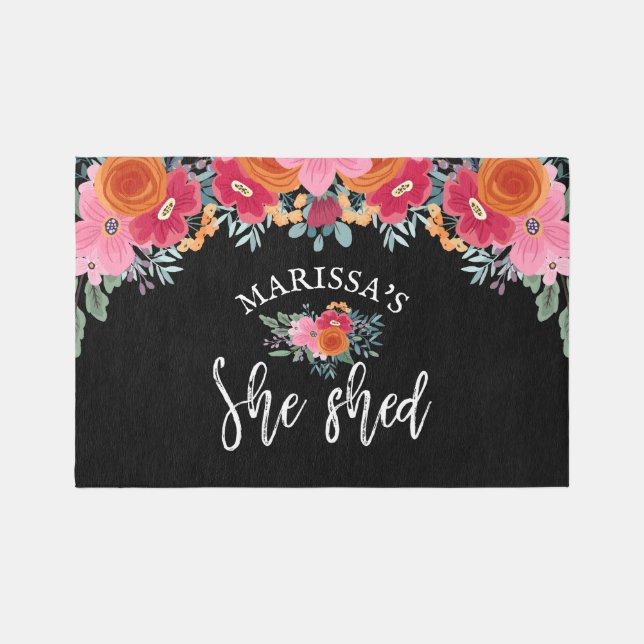 Pink Orange Red Floral Brush Script She Shed Rug (Front)