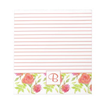Pink Orange Red Watercolor Roses Monogram Lined Notepad by CountryGarden at Zazzle