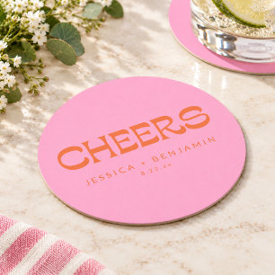 Pink Orange Retro Cheers Wedding Bar Cocktail Hour Round Paper Coaster