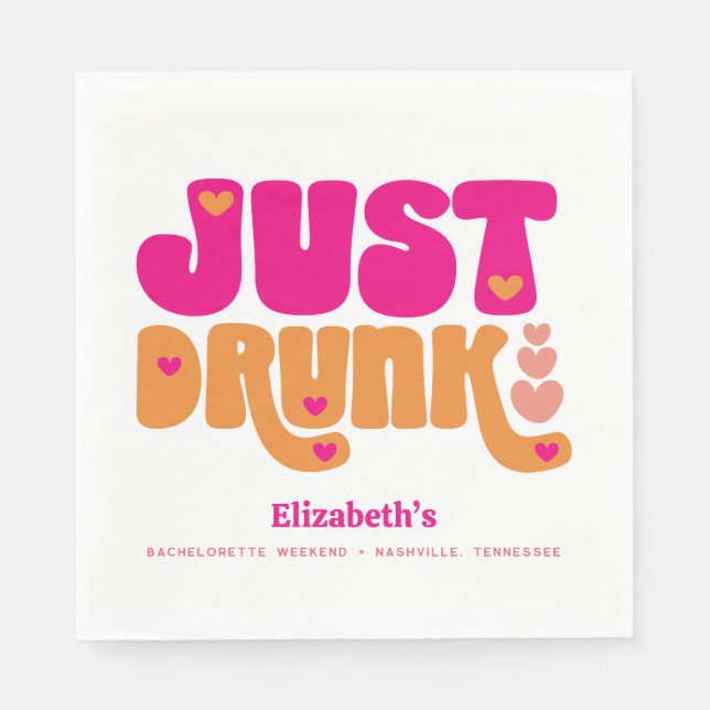 Pink Orange Retro Drunk in Love Bachelorette Party Napkins (Front)