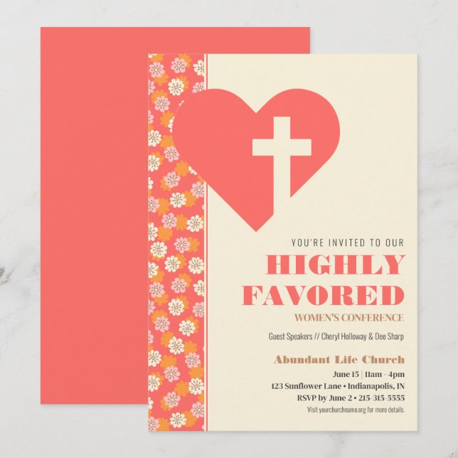 Pink & Orange Retro Flowers Women's Christian Invitation (Front/Back)
