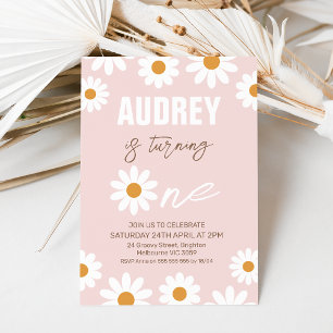 Pink Orange Retro Girls Daisy 1st Birthday Invitation