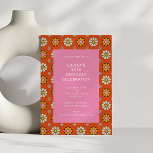 Pink Orange Retro Groovy 30th Birthday Party Invitation