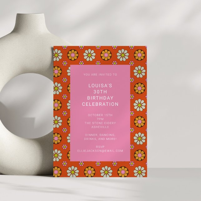 Pink Orange Retro Groovy 30th Birthday Party Invitation (Creator Uploaded)