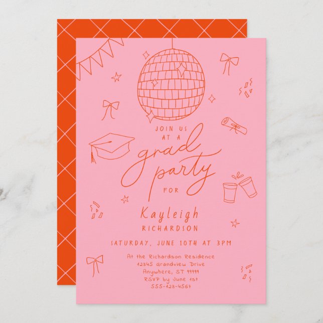 Pink Orange Retro Hand Drawn Grad Party Invitation (Front/Back)