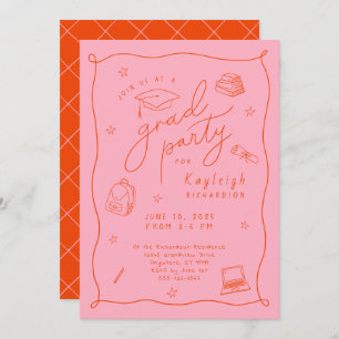 Pink Orange Retro Hand Drawn Grad Party Invitation