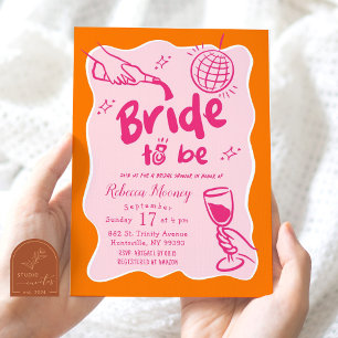 Pink Orange Retro Illustrated Bridal Shower Invitation