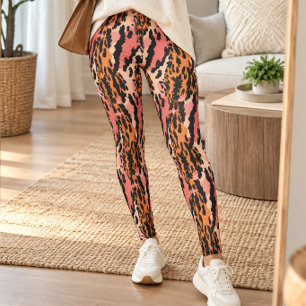 Pink Orange Retro Leopard Print Leggings