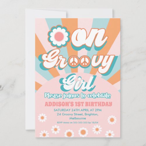 Pink Orange Retro One Groovy Girl 1st Birthday Invitation