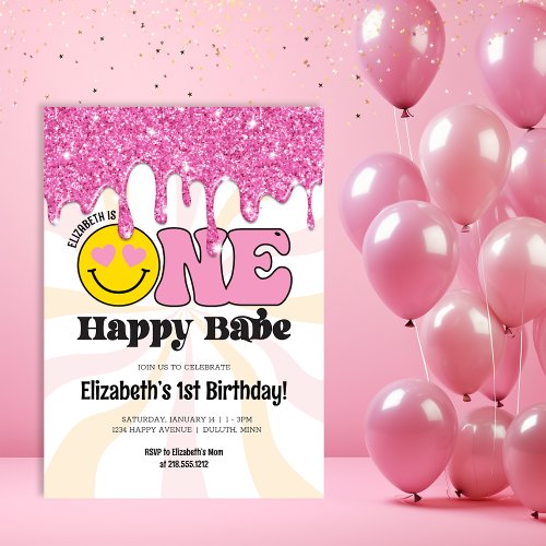 Pink Orange Retro One Happy Babe 1st Birthday Invitation