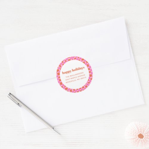 Pink Orange Retro Shapes Holiday Return Address Classic Round Sticker