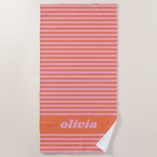 Pink Orange Retro Striped Personalized Name Summer Beach Towel