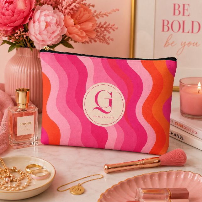 Pink Orange Retro Wave Personalized Monogram Accessory Pouch (Creator Uploaded)