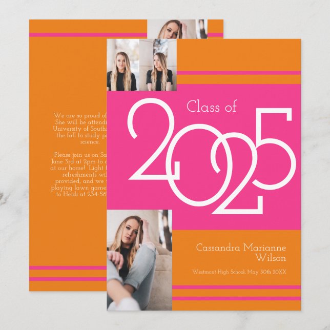Pink Orange School Colors Graduation Announcement (Front/Back)