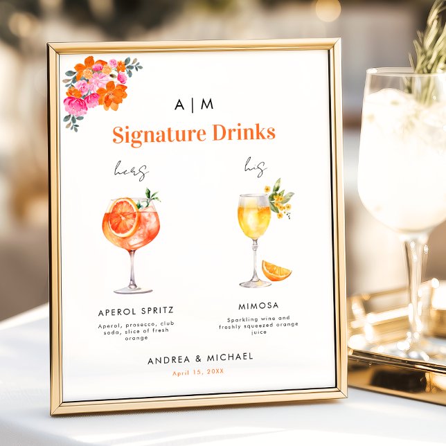Pink Orange Signature Drinks Cocktail Wedding Sign (Creator Uploaded)