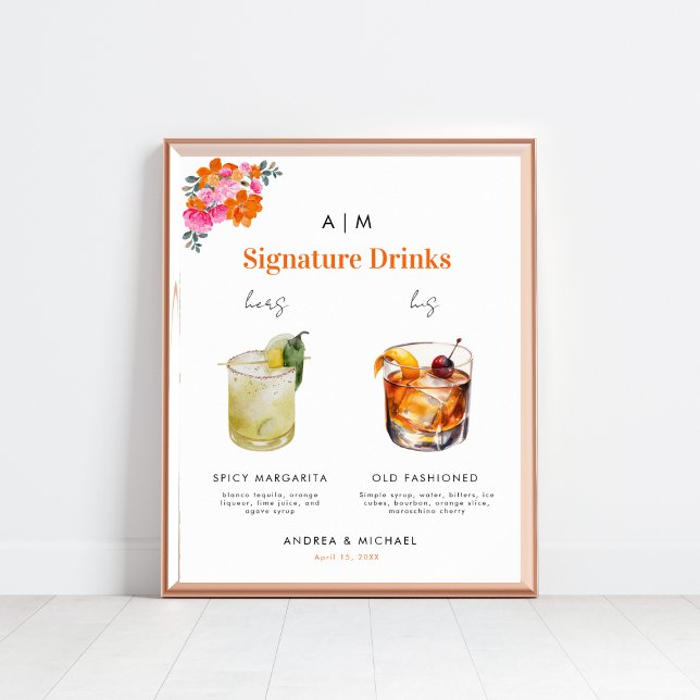 Pink Orange Signature Drinks Cocktail Wedding Sign (Creator Uploaded)