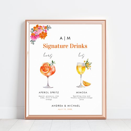 Pink Orange Signature Drinks Cocktail Wedding Sign