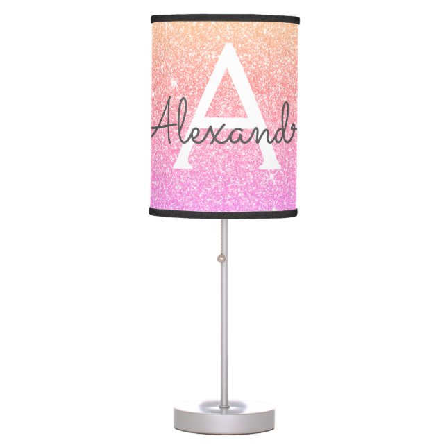Pink Orange Sparkle Glitter Monogram Name Table Lamp (Front)