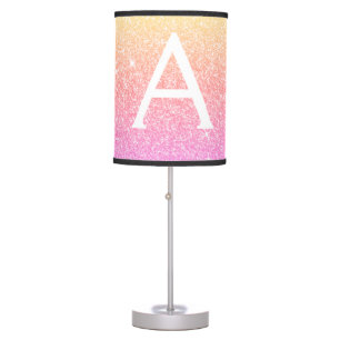 Pink Orange Sparkle Glitter Monogram Name Table Lamp