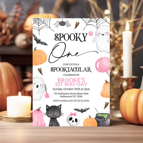 Pink Orange Spooky One Halloween 1st Birthday Invitation