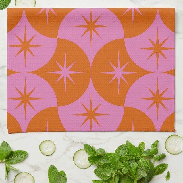 Pink Orange Starbursts on Mid Century Scallop  Kitchen Towel (Folded)