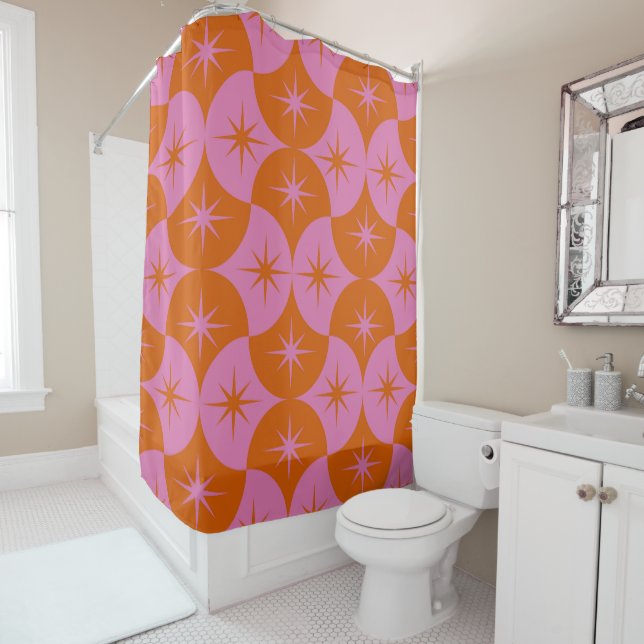 Pink Orange Starbursts on Mid Century Scallops  Shower Curtain (In Situ)