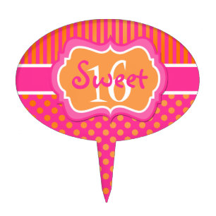 Pink Orange Stripes, Polka Dots Sweet 16 Cake Pick