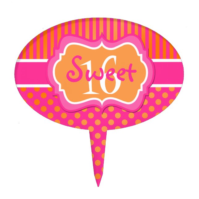 Pink Orange Stripes, Polka Dots Sweet 16 Cake Pick (Front)