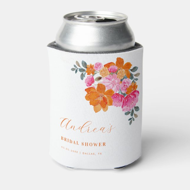 Pink & Orange Summer Floral Bridal Shower Favor Can Cooler (Can Back)