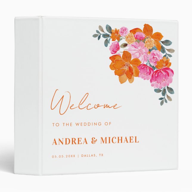 Pink & Orange Summer Floral Garden Wedding Welcome 3 Ring Binder (Front/Spine)