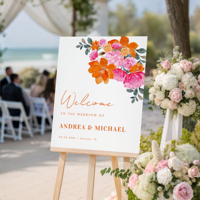 Pink & Orange Summer Floral Garden Wedding Welcome Foam Board (Creator Uploaded)