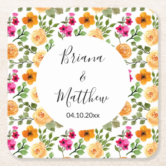 Pink Orange Summer Floral Square Paper Coaster (Front)