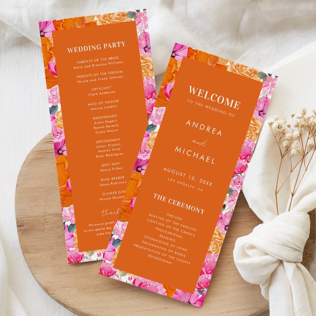 Pink & Orange Summer Floral Vibrant Bloom Wedding  Program (Creator Uploaded)