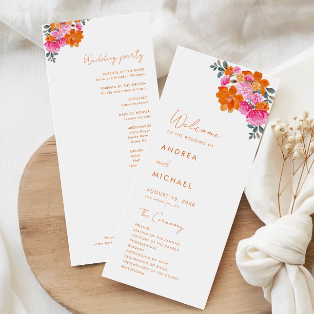 Pink Orange Summer Floral Vibrant Bloom Wedding  Program (Creator Uploaded)