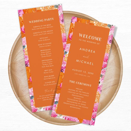 Pink  Orange Summer Floral Vibrant Bloom Wedding  Program