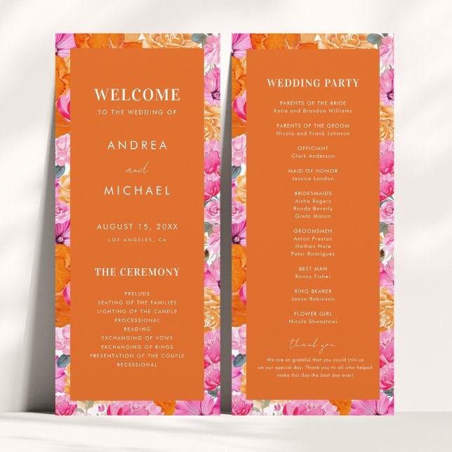 Pink & Orange Summer Floral Vibrant Bloom Wedding  Program (Creator Uploaded)