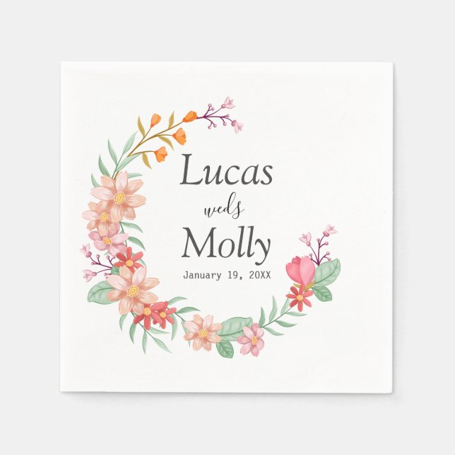 Pink & Orange Summer Floral Wedding Napkins (Front)