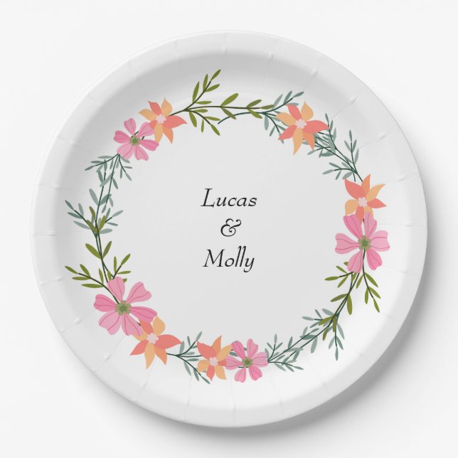 Pink & Orange Summer Floral Wedding Paper Plates (Front)