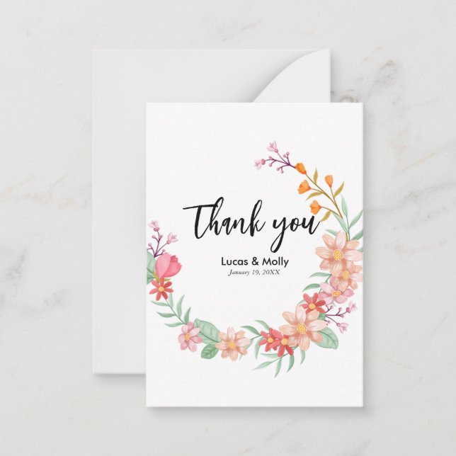 Pink & Orange Summer Floral Wedding Thank you Note Card (Front)