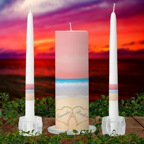 Pink Orange Sunset  Beach Wedding 2 Hearts Sand Unity Candle Set