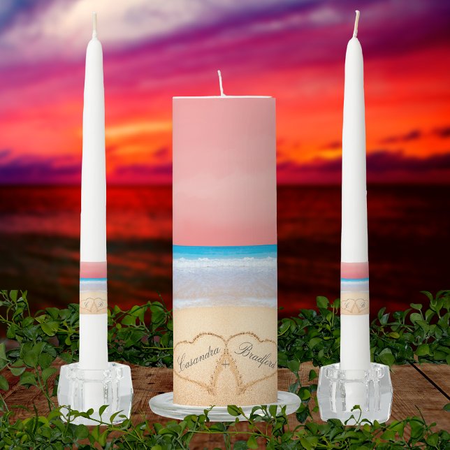 Pink Orange Sunset  Beach Wedding 2 Hearts Sand Unity Candle Set (Creator Uploaded)