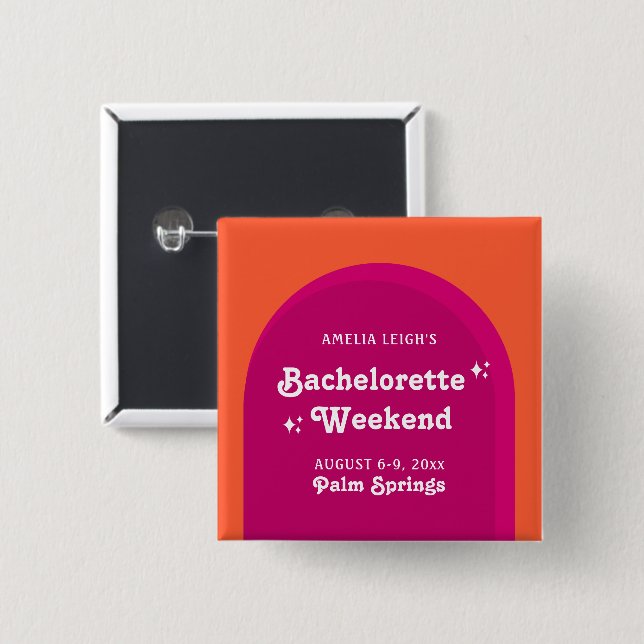 Pink & Orange Sunset Retro Bachelorette Weekend Button (Front & Back)