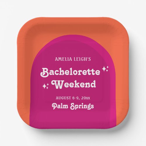 Pink  Orange Sunset Retro Bachelorette Weekend Paper Plates