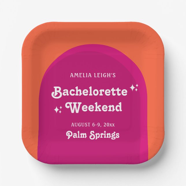 Pink & Orange Sunset Retro Bachelorette Weekend Paper Plates (Front)