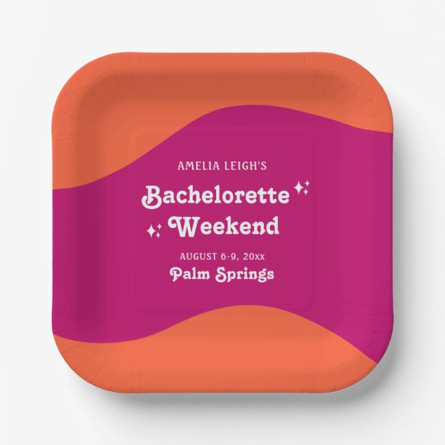 Pink & Orange Sunset Retro Bachelorette Weekend Paper Plates (Front)