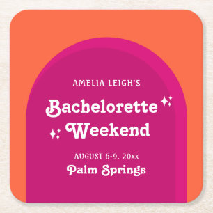 Pink & Orange Sunset Retro Bachelorette Weekend Square Paper Coaster
