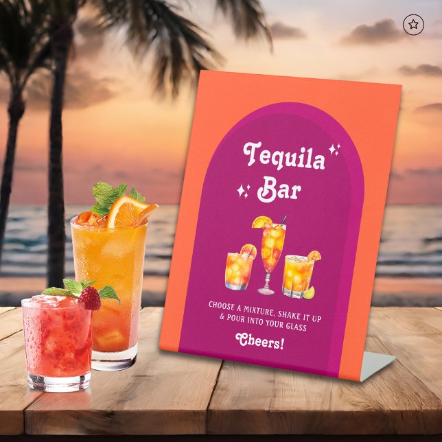 Pink & Orange Sunset Retro Tequila Bar Pedestal Sign (Creator Uploaded)