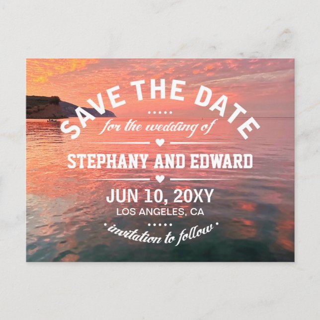 Pink Orange Sunset Sea Save the Date Wording Announcement Postcard (Front)